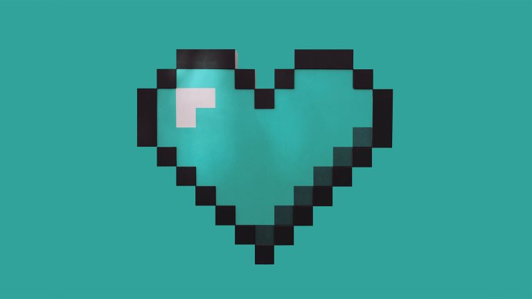 A teal-colored pixel art heart with a black outline set against a solid teal background.