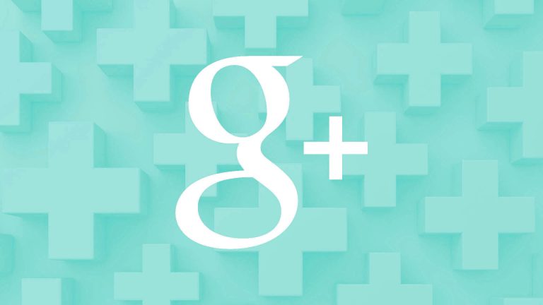 The white logo for the former social media platform Google+ set against a teal background of 3D plus symbols.