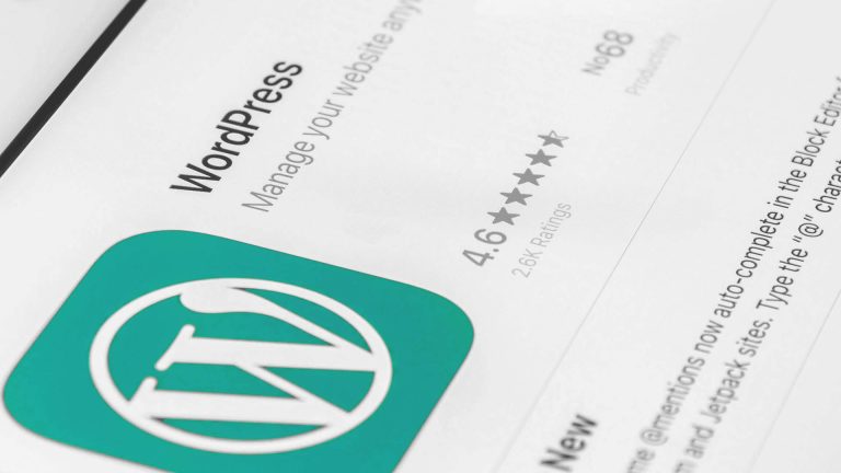 Close-up of a smartphone screen displaying the WordPress app page in an app store, showing a 4.6-star rating.