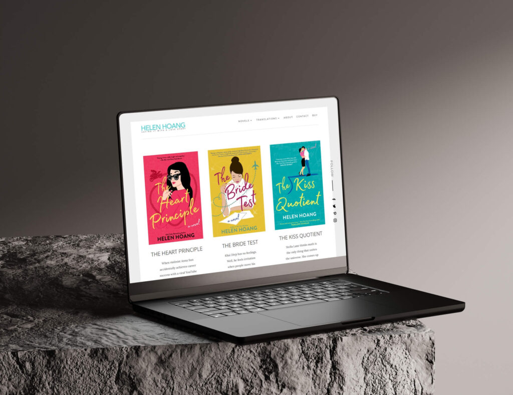We Are Web Design Portfolio image showcasing the elegant, reader-friendly website design for bestselling author Helen Hoang on a laptop screen.